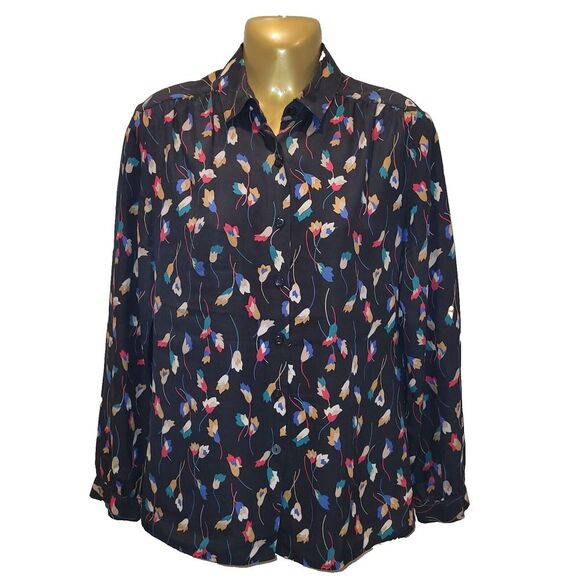James Kenrob by Dalton Size 8 Black Floral Print Blouse Collar Button-up Cuffs - Picture 2 of 10